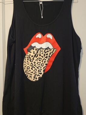 Black Graphic Tank Top with Red Lips & Leopard Tongue